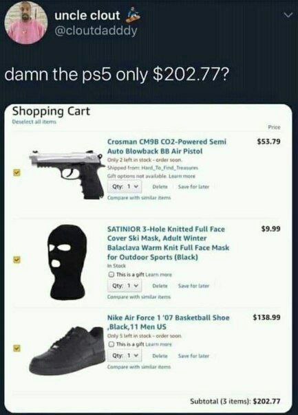 Damn the ps5 only $202.77? Bro just dropped his entire heist loadout at Walmart 😂 #PS5 #meme #shopping #sneakerhead.