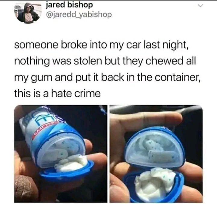 A thief broke into my car, stole nothing, chewed all my gum and put it back in the container. Who does this?! #gumfail #wtf.