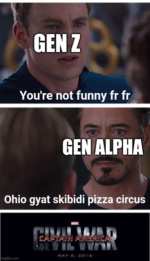 You vs. literally any Gen Alpha: "You're not funny fr fr." - "Ohio gyat skibidi pizza circus." #GenZ #GenAlpha #meme.
