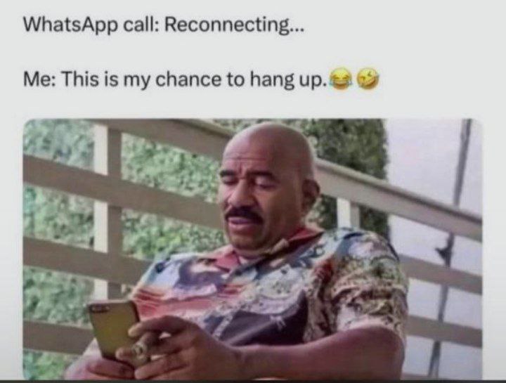 WhatsApp call: Reconnecting... Me: This is my chance to hang up 😂😂 Admit it, we've all wanted this escape button! #WhatsApp #meme.