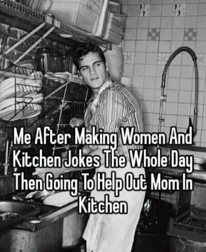 Me after making women and kitchen jokes all day then going to help out mom in the kitchen. Irony hits different 😂 #karma.