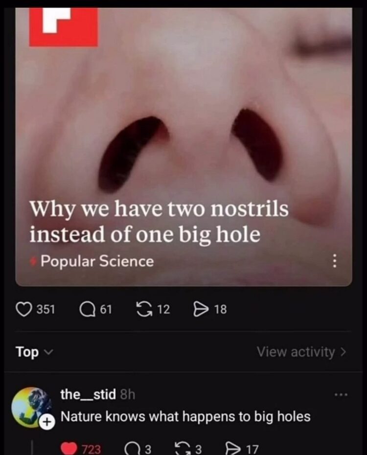 Why do we have two nostrils instead of one big hole? Nature knows what happens to big holes 😂 #science #nature #lol.