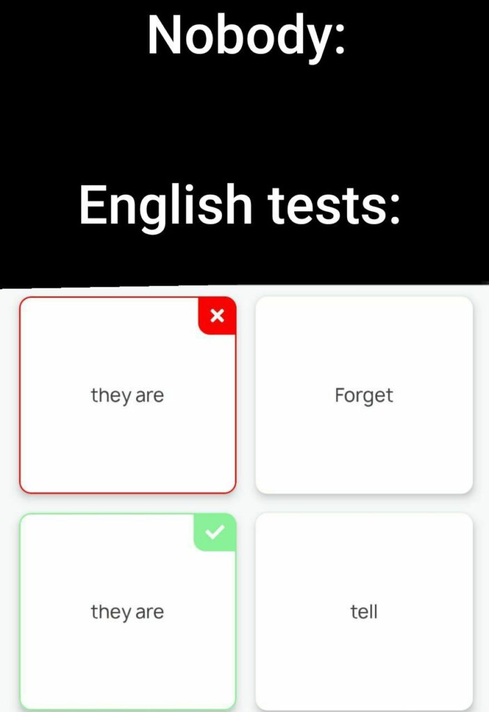 Nobody: English tests: Quiz where both answers say "they are" but only one gets the green check while the other gets the red X. #relatable.