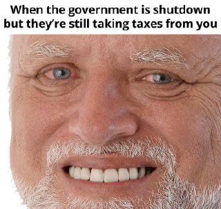 Relatable face when the government's shut down but taxes keep coming. That forced smile says it all! #taxes #shutdown #meme.