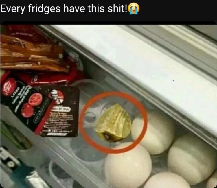 Every fridge drawer has eggs, random sauces and that one dried moldy lemon lol 😂 Every fridge has this shit! #relatable #meme.