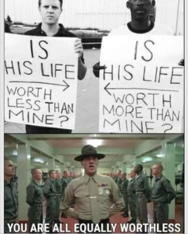 Two guys with signs: Is his life worth less than mine? More? Below, drill sergeant: YOU ARE ALL EQUALLY WORTHLESS. #equality.