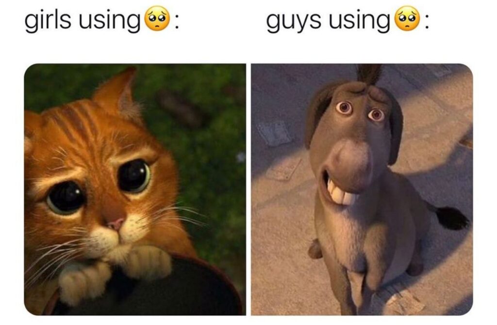 Girls using 🥺: melt hearts. Guys using 🥺: instant awkwardness. Why is this so true? "girls using 🥺" "guys using 🥺" #meme #truth.