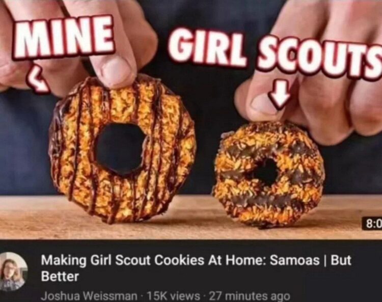 When you make Samoas at home vs when Girl Scouts come knocking. MINE vs GIRL SCOUTS 😂🍪 #cookies #samoas #ButBetter.
