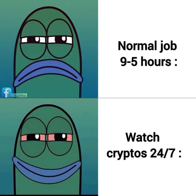 If you're bored with your 9-5 but wide awake tracking cryptos 24/7, this fish meme speaks to you! #crypto #meme.
