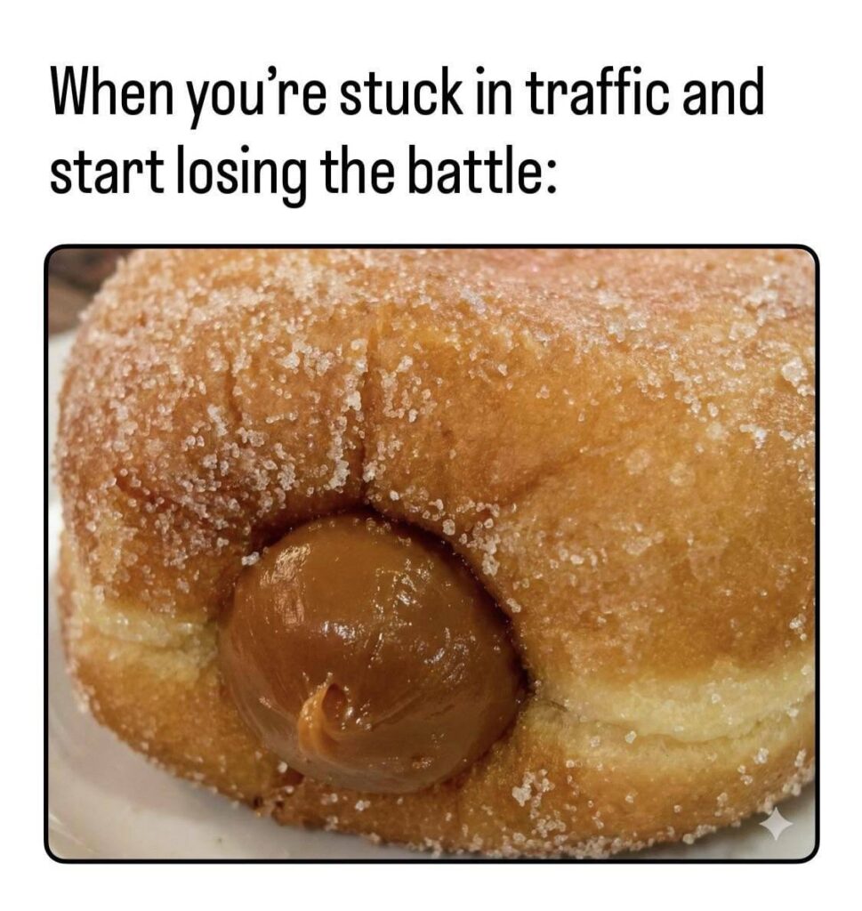 When you’re stuck in traffic and start losing the battle: Yeah, we’ve all felt like this donut. #MondayMood #TrafficJam.