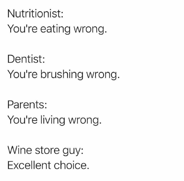 Nutritionist: You're eating wrong. Dentist: You're brushing wrong. Parents: You're living wrong. Wine guy: Excellent choice. #facts #priorities.