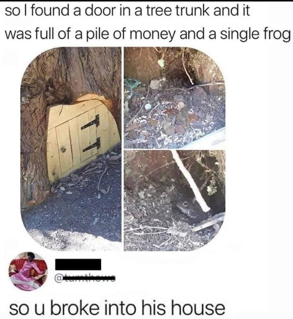 When you find a tiny door in a tree, a stash of coins, and suddenly you're wanted for breaking into Froggy's house. 😂 #meme #oops.
