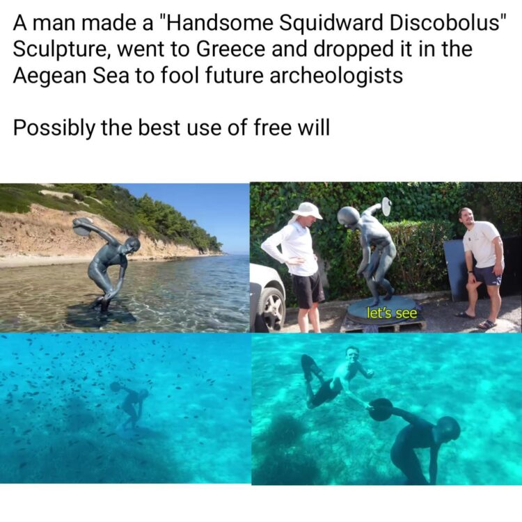 When you throw Handsome Squidward Discobolus into the Aegean just to mess with future archeologists 😂 #Squidward #history #meme.