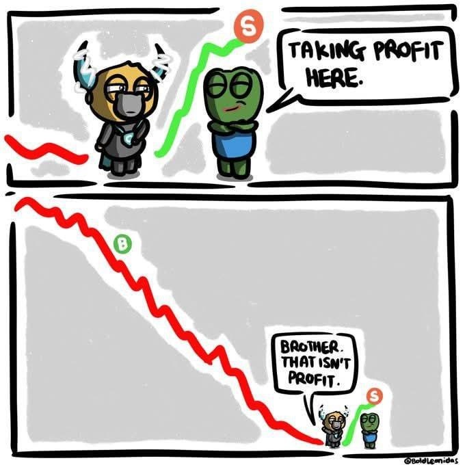 Taking profit here." Next panel: chart tanks and someone hits you with "Brother, that isn't profit." #stonks #trading #meme.