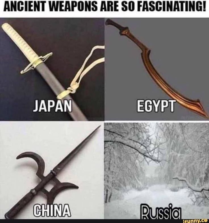 Japan: katana. Egypt: khopesh. China: trident thingy. Russia? Just snow everywhere—wielding blizzards like a boss ❄️ #snow #memes.