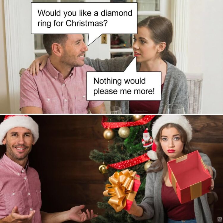 Top: "You want a diamond ring for Christmas?" "OMG YES!" Bottom: Gift box is empty. When ‘expectations’ meets ‘reality’ 😂 #Christmas #fail.