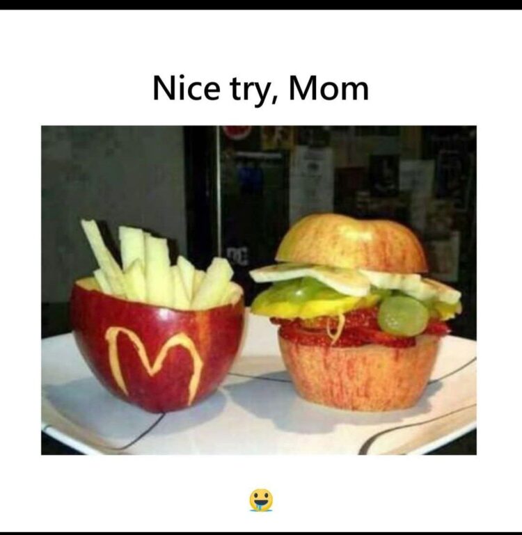 When you ask for fast food and Mom hits you with fruit disguised as a burger and fries. Nice try, Mom. #MomLogic #EpicFail.
