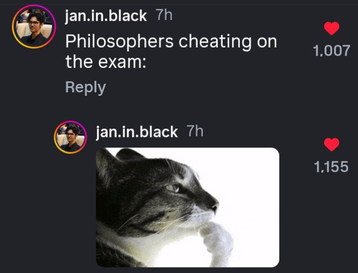 Philosophers cheating on the exam:"—cat strikes a deep thinking pose with paw on chin. Can't stop laughing at this one! #Meme.