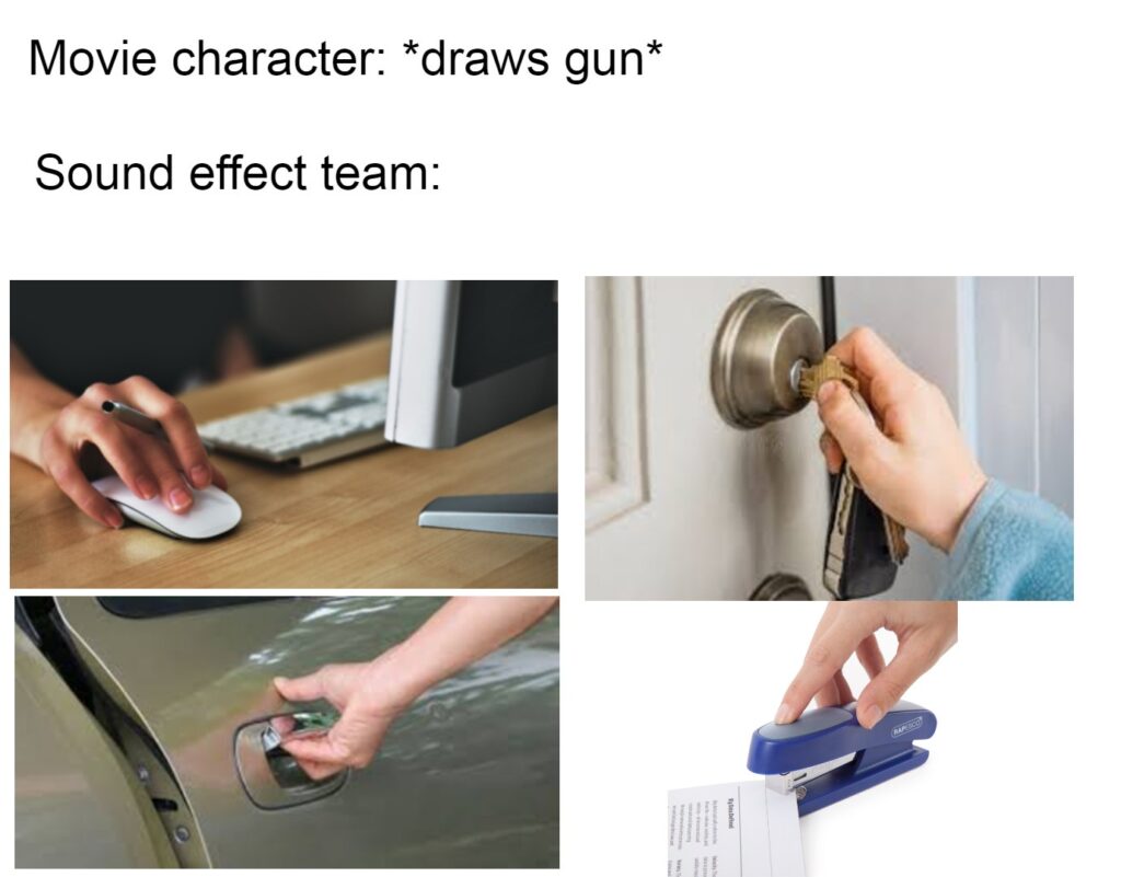 When you realize all those "gun shots" in movies are actually just some guy furiously using office supplies. #MovieMagic #SoundEffects.