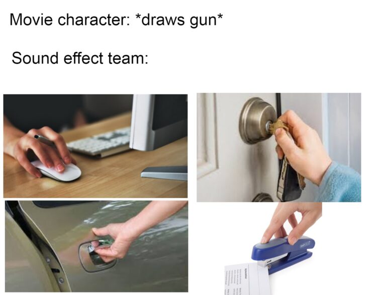 When you realize all those "gun shots" in movies are actually just some guy furiously using office supplies. #MovieMagic #SoundEffects.