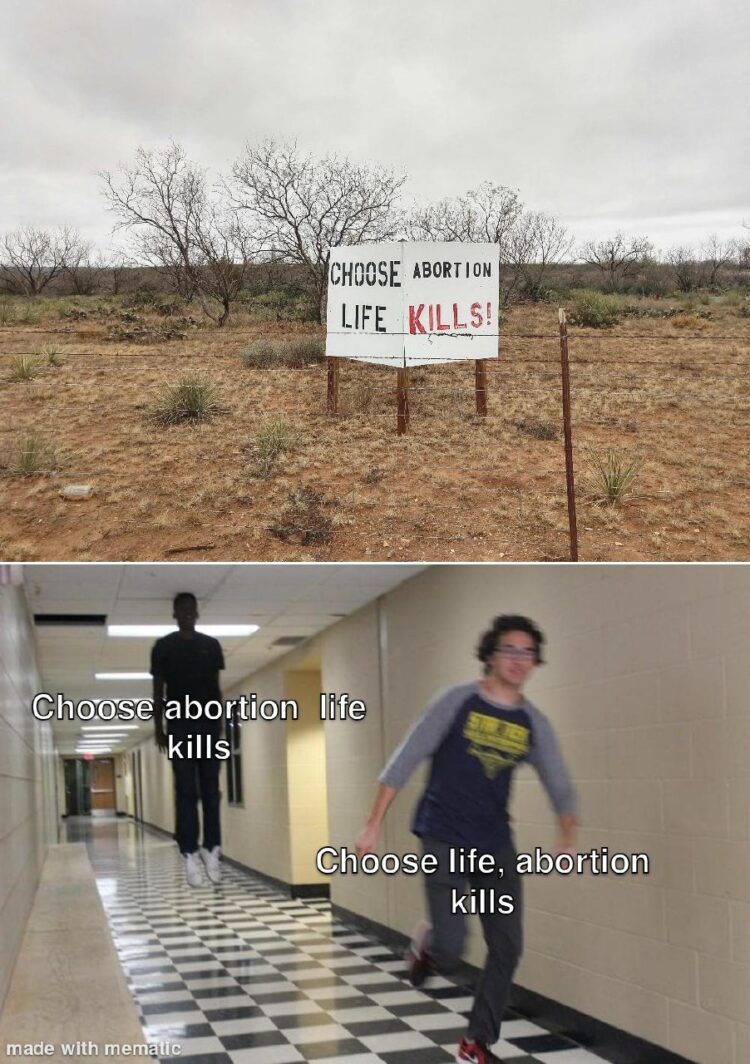You either run from "Choose abortion, life kills" or sprint to "Choose life, abortion kills." Pick your fighter! #choices #meme.