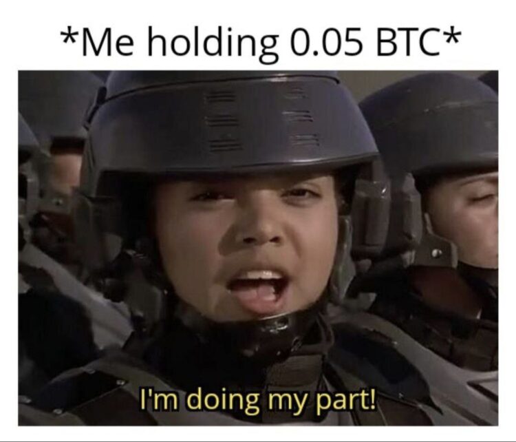 When you finally get your hands on 0.05 BTC: "Me holding 0.05 BTC" / "I'm doing my part!" 🚀 #Bitcoin #Crypto.