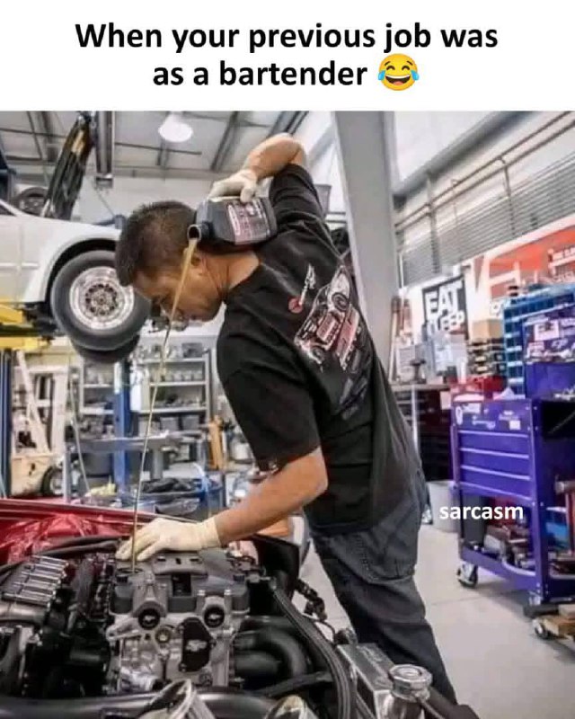 When your previous job was as a bartender 😂 Me trying to change oil like I’m pouring shots. #fail #mechaniclife #bartender.