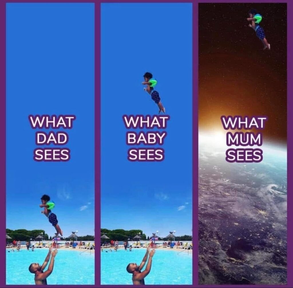 When you toss your kid in the pool—dad’s POV vs baby vs mom. Moms see NASA launches every time 😂 #parenting #momlife #perspective.