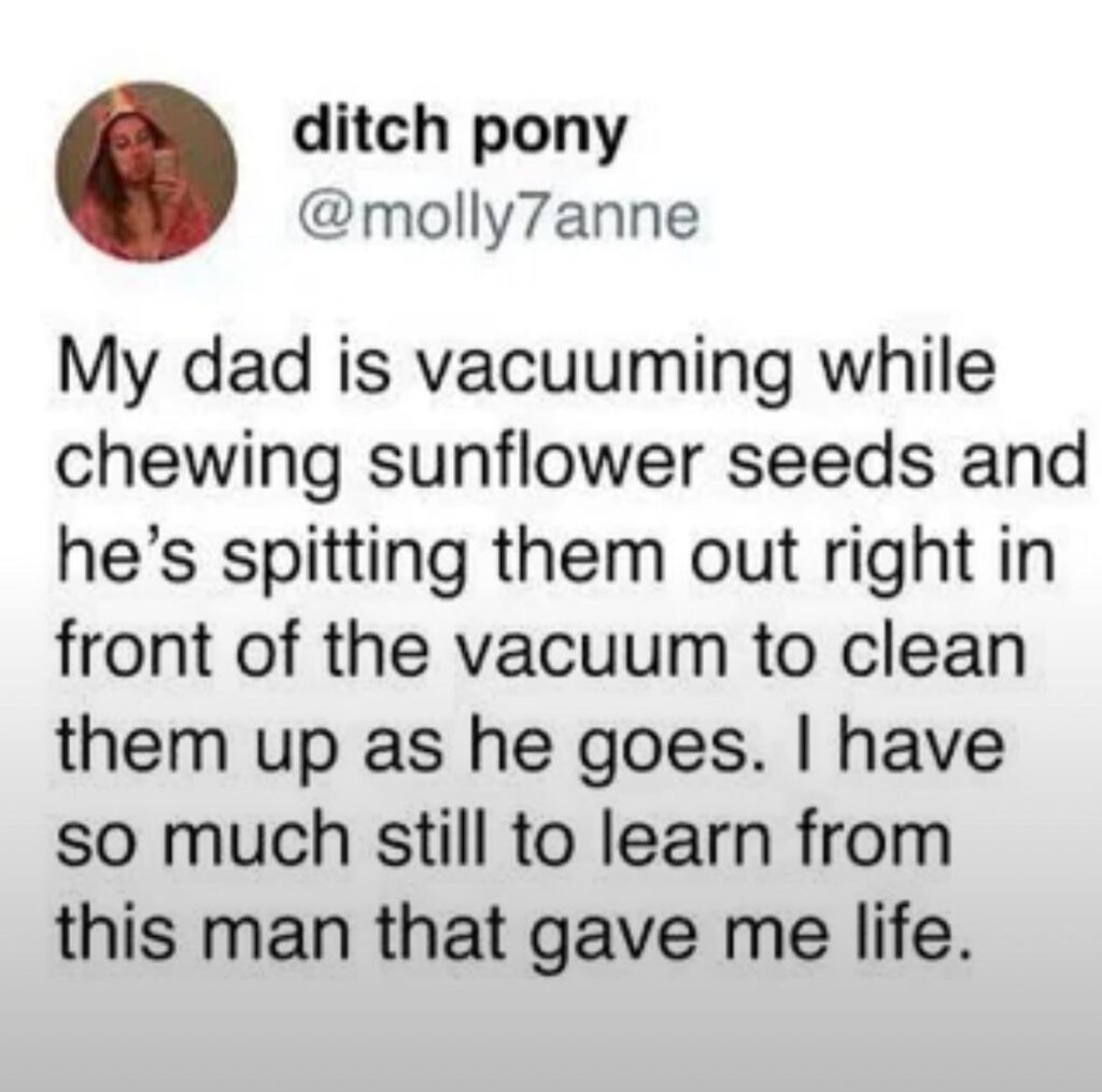 When your dad vacuums & spits sunflower seeds ahead of the vacuum to clean up after himself. Role model energy #dadskills #genius.