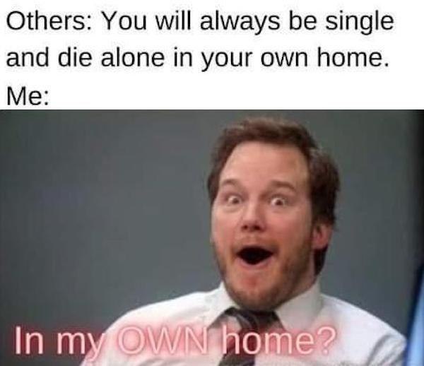 When they say "You will always be single and die alone in your own home" but all you hear is "In my OWN home?" #relatable #winning.