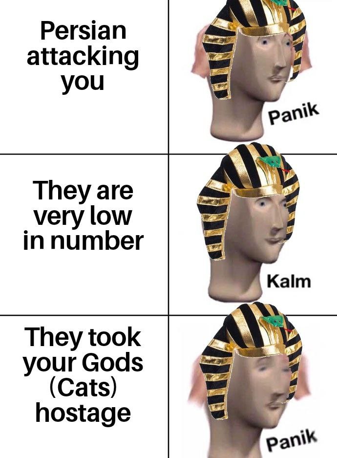 When Persians attack you (Panik), they're few (Kalm), but they took your Gods—aka cats—hostage?! (Panik) #history #cats #panic.