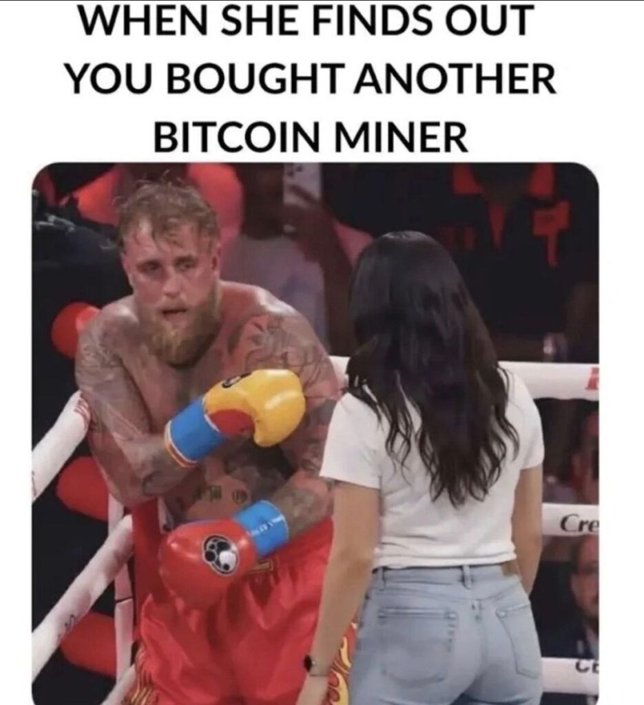 When she finds out you bought another Bitcoin miner. Pray for me, y’all. #Bitcoin #mining #couplegoals.