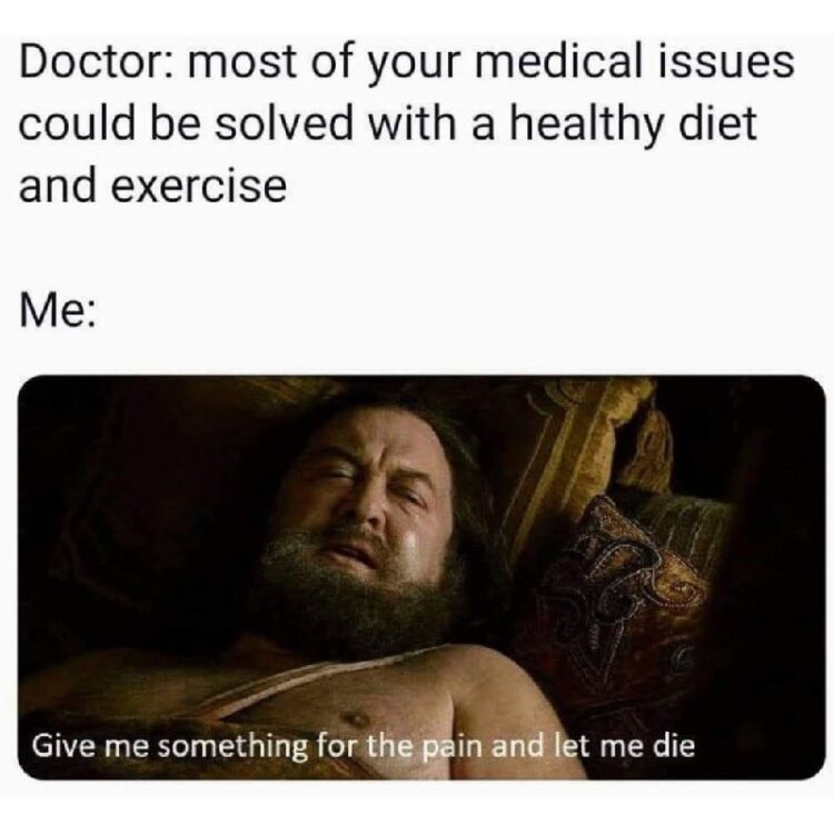 Doctor: most of your medical issues could be solved with a healthy diet and exercise. Me: Give me something for the pain and let me die. #mood.