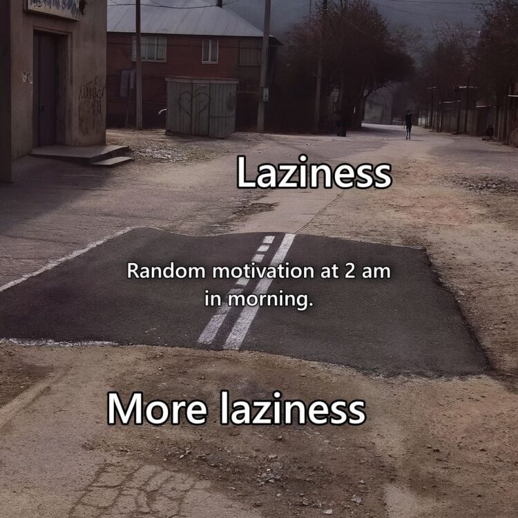 When you get "random motivation at 2 am in morning" but it's just a leap over endless "laziness." #mood #procrastination.