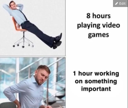 Relatable: Top, chill guy gaming for 8 hrs. Bottom, same dude in pain after just 1 hr working. Why is it always like this? 😂 #relatable #gaming.