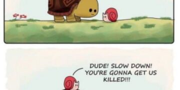 Snail freaks out while cruising on turtle’s back—complains it’s too fast! When slow is relative. #relatable #Perspective.