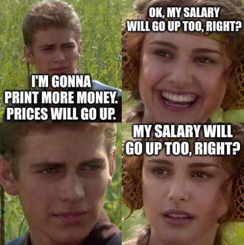 When Anakin prints more money and prices soar but your salary is left on read. “My salary will go up too, right?” #economics #memes.