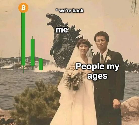 You: "me" marrying "People my ages," while Bitcoin pumps and Godzilla yells "*we're back*". This is 2024, right? #memes #crypto.