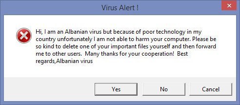 When your virus is too broke to do its own dirty work: "Albanian virus! Pls delete file and send on, our tech sucks." #Albania #fail.