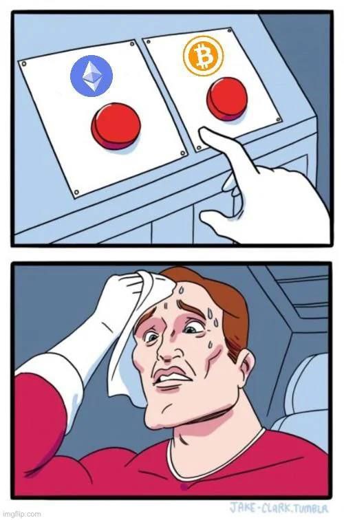 When you have to pick between that sweet $BTC and $ETH bag! Ethereum or Bitcoin? Decisions, decisions... #crypto #meme.