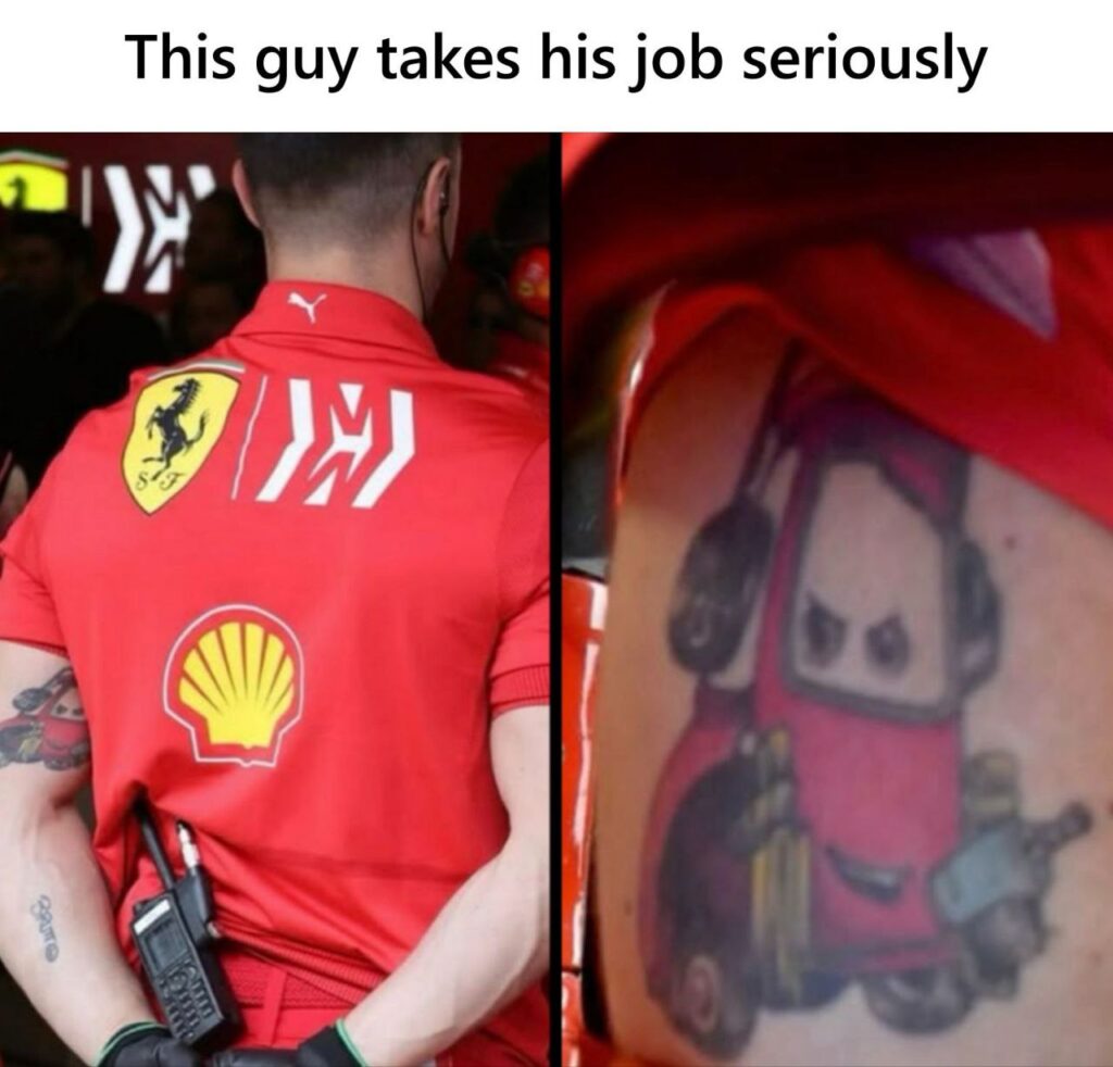 You know you're dedicated when you get a red forklift tattoo to match your Ferrari gear. This guy takes his job seriously. #Ferrari #Tattoo.