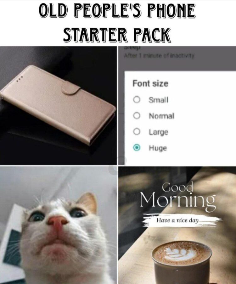 Old People's Phone Starter Pack" and you KNOW you’ve seen this setup! Huge font? Check. Cat surprise. Good morning vibes ☕️😂 #classic.