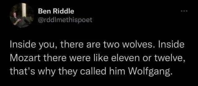 You: Inside you, there are two wolves. Inside Mozart there were like eleven or twelve, that's why they called him Wolfgang. #legend.