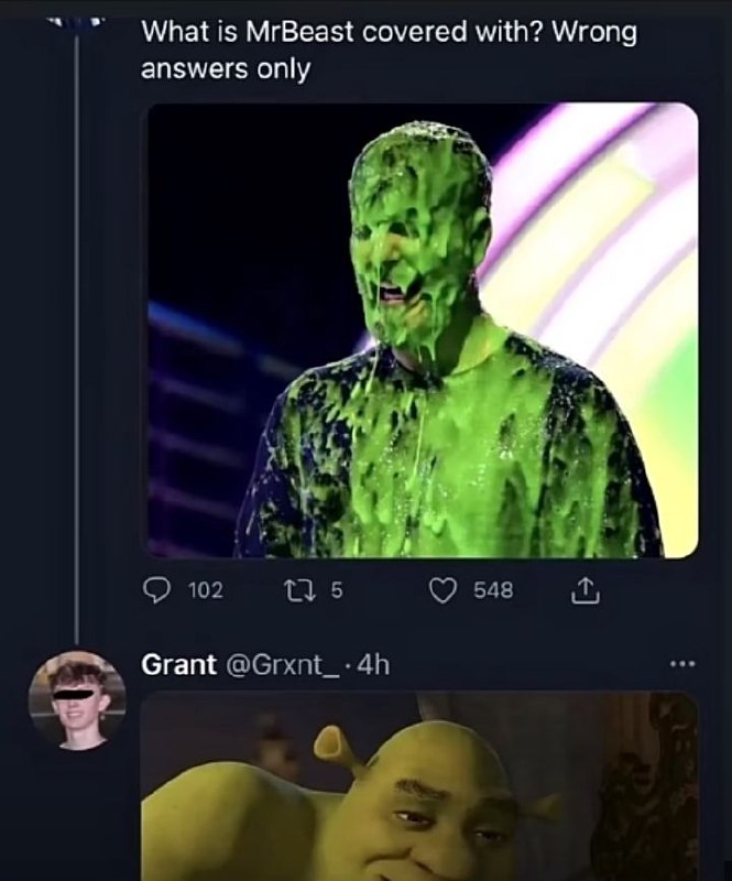 What is MrBeast covered with? Wrong answers only. Shrek approves. 😂 #memes #wronganswersonly #Shrek #MrBeast.