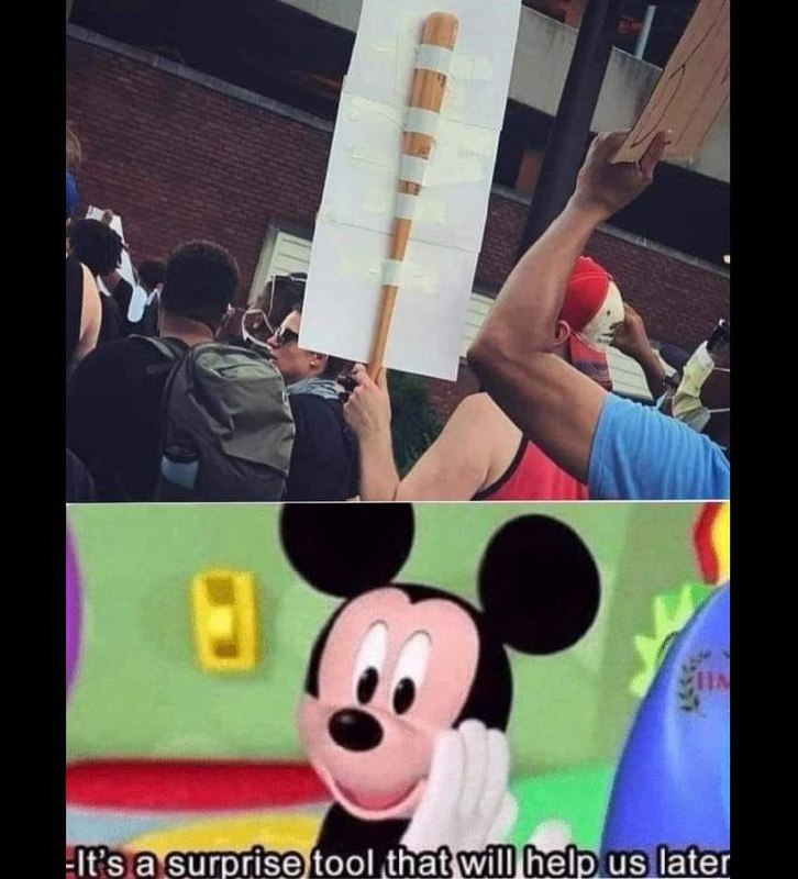 You know it's about to go down—"It's a surprise tool that will help us later." #Mickey #Protest #SurpriseTool.
