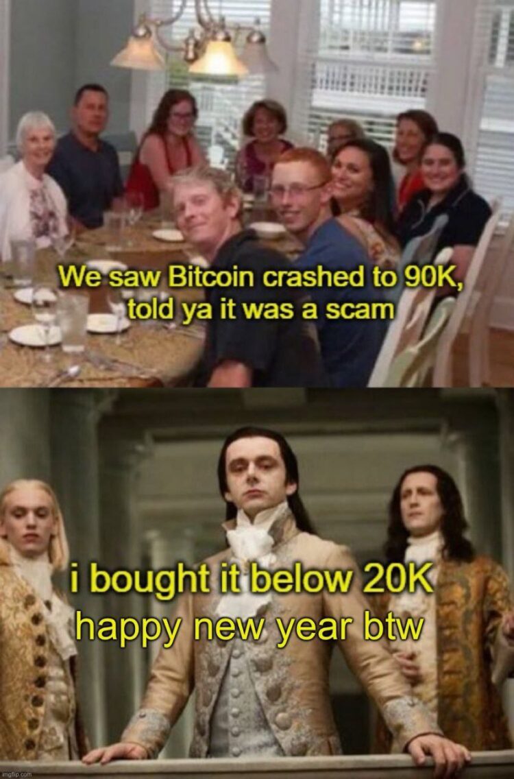 When folks brag about Bitcoin crashing to 90K—meanwhile someone flexes, “I bought it below 20K, happy new year btw.” #crypto.