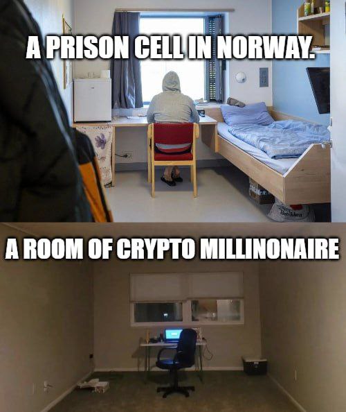 When your crypto gains are up but your room’s vibes are down. Top: Norwegian prison cell. Bottom: Crypto millionaire room. #crypto #priorities.