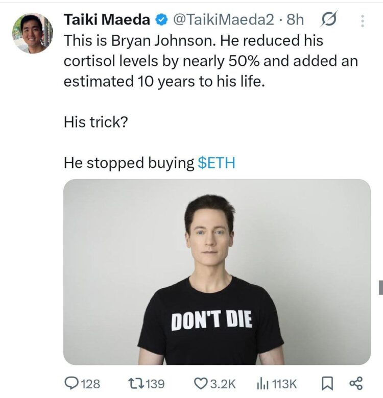 You want to lower your cortisol? Simple: Stop buying $ETH and just DON'T DIE. #crypto #stressfree.