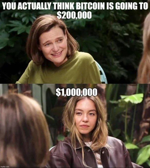 You actually think Bitcoin is going to $200,000" vs "$1,000,000". Dream big or go home 😂 #bitcoin #crypto #memes.