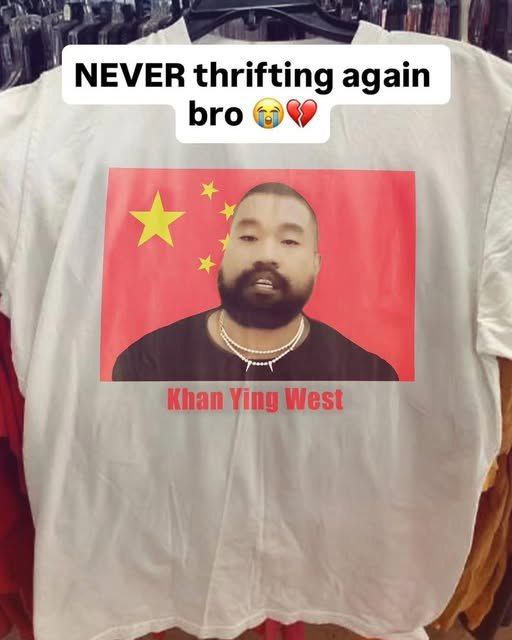 NEVER thrifting again bro 💔😭 Found this wild tee with Khan Ying West in front of a Chinese flag #thrifthaul #meme.